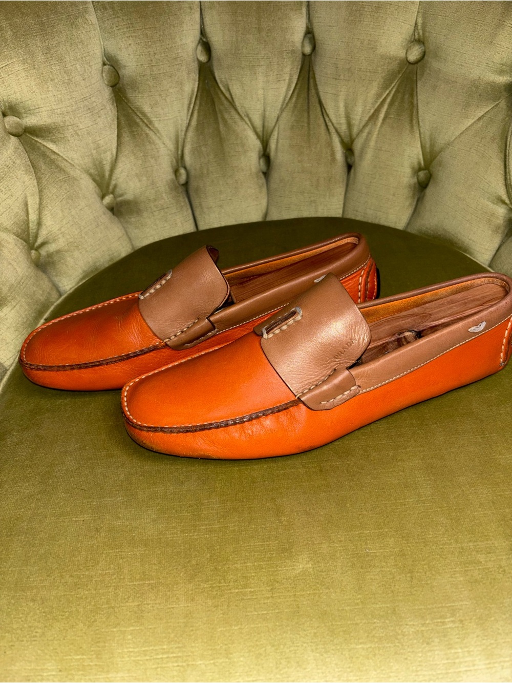 Prada Mens Saffiano Leather Slip On Driving Loafer Orange Tan Men's Size 7 - Picture 5 of 13